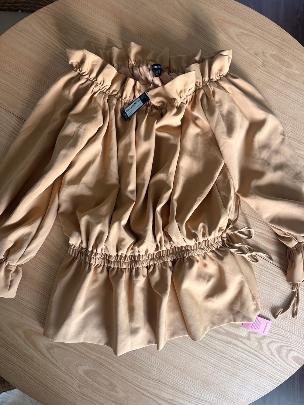 Beige Ruffled Waist Peasant Blouse